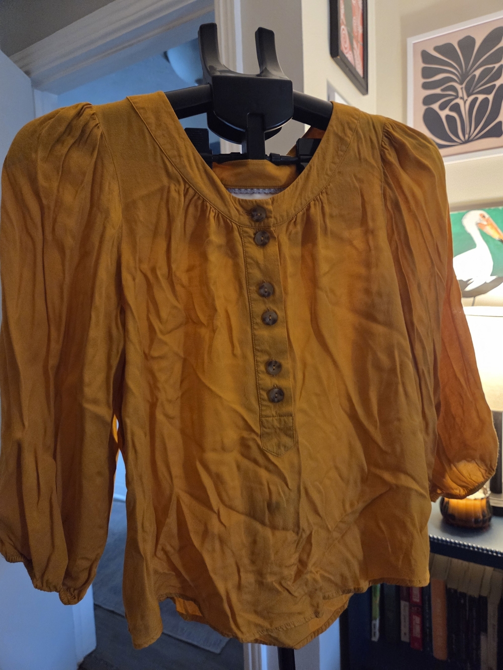 Maeve Golden Mustard Button-Front Peasant Blouse